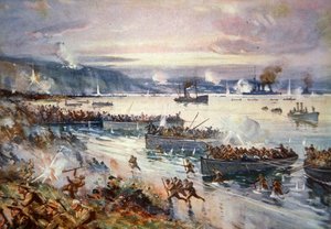 The Landing of the Australians at Gallipoli, april 1915 (farge litho) av E.S. Hodgson