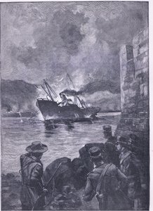 The Spanish American War: The sinking of the Merrimac, illustrasjon fra Cassells History of England, 1900-tallet av E.S. Hodgson
