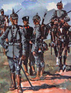 Tyske feltuniformer fra 1914 (farge litho) av E. (after) Dobrich