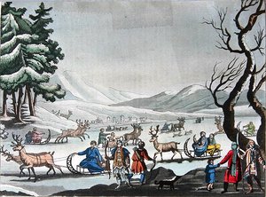Tungus forlater vinterleiren på sleder trukket av rein, ca. 1820 (fargegravering) av E. (after) Karnejeff