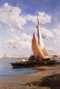 Fiskefartøy med Rivere degli Schiavoni, Venezia, bortenfor,