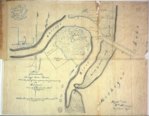 Kart over munningen av Chicago River, Illinois med planen for de foreslåtte bryggene for å forbedre havnen, 1830