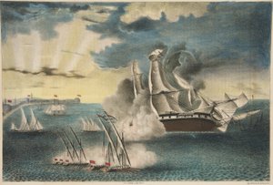 U.S. Fregate Philadelphia on the rocks off Tripoli fra Army and Navy Magazine, pub. 1840 (fargelitografi) av E. J. Pinkerton