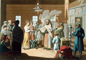Det russiske ekteskapet, gravert av X. Wagner (farge litho)