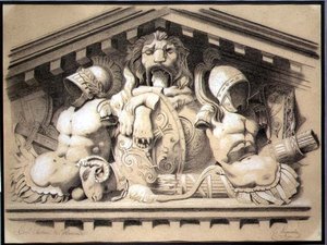Et skulpturelt pediment i Louvre (kull med hvitt kritt på papir) av E. Laquerbe