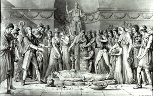Begravelsen til Jean Paul Marat (1743-93) i kapellet i Club des Cordeliers, 16. juli 1793, ca. 1793 (penn og blekk på papir) (bw-foto) av E. Le Sueur