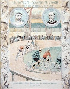 Charles Terront (1857-1932) og Jules Corre ved Galerie des Machines i februar 1893, fra en skolebok (farge litho) av E. Letellier
