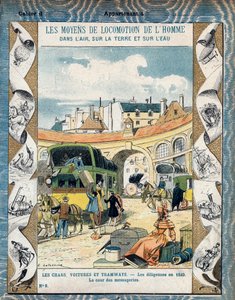 Diligence en 1840 - la cour des messageries - Stagecoach i 1840 - Fra et beskyttende omslag for skolebøker, slutten av 1800-tallet - illustrasjon av E. Letellier - Protege notebook historique, fin 1800-tallet - av E. Letellier