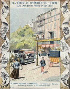 La Canebiere i Marseille - den elektriske trikken - bilene gjenvinner - illustrasjon av E Letellier - Beskytt historisk notatbok, slutten av 1800-tallet av E. Letellier