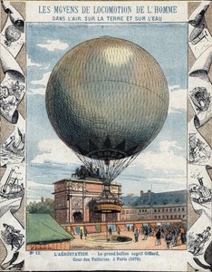 Drift av inflasjon og utstyr av ballongen til Henry Giffard til Tuileriene i Paris 1878 - Fra et beskyttende omslag for skolebøker, slutten av 1800-tallet - illustrasjon av E Letellier - utstilling universelle de 1878 i Paris: inflasjon av