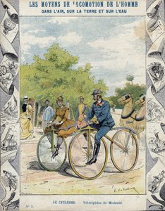 Pierre Michaux og Michaudine velocipedes - Fra et beskyttende omslag for skolebøker, sent på 1800-tallet - velocipedes a pedale (les michaudines) av Pierre Michaux (1813-1883)