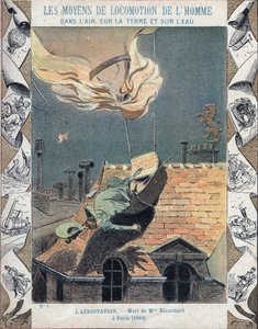 Dødsfallet til Marie Blanchard, kona til luftfartsnaut Jean Pierre Blanchard, da ballongen hennes tok fyr under en demonstrasjon over Paris, 6. juni 1819 - Fra et beskyttende omslag for skolebøker, sent på 1800-tallet - Mort de Madame Blanchard - 16. juli 