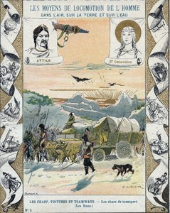 Transportstridsvogner - Hunsene fra Attila (ca. 395-453) - Barbarinvasjoner - illustrasjon av E Letellier - Beskytter historisk notatbok, sent på 1800-tallet - av E. Letellier