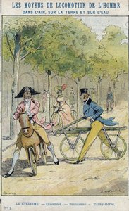 Velocipedes - Engelsk celerifere - Draisienne, forfader til sykkelen - Fra et beskyttende omslag for skolebøker, sent på 1800-tallet - illustrasjon av E Letellier - Celerifere - Draisienne - Hobby-Horse (Nobby Horse) - Beskytt notebook historique, fin 19t