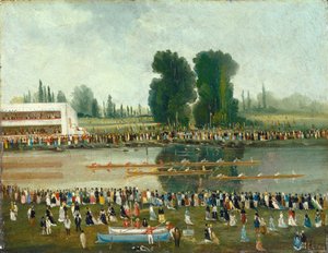 Roingscene: Folkemengder som ser på fra elvebredden, sent på 1800-tallet. av E. Levy