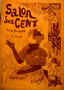 En kvinne undersøker en invitasjon, Salon des Cent av E. Rocher