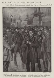 Menn som har sett bedre dager: regnskapsførere blir forlovet utenfor Surrey Commercial Dock, London (litho) av E. S. (after) Hodgson