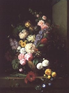 Stilleben av blomster og druer, 1843