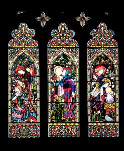 Bebudelsen, besøket og fødselen, laget av Lavers og Barraud, 1860 (farget glass) (se også 11886) av E. and Halliday, M. F. Burne-Jones