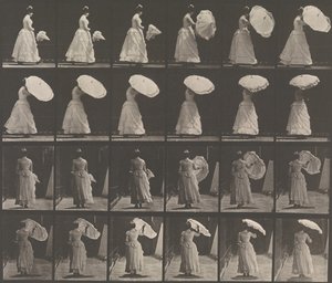 [Woman Opening Parasol], 1883-86, trykt 1887. av Eadweard Muybridge