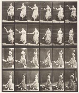 Plate 140. Nedstigende trapp ser seg rundt og vinker med vifte av Eadweard Muybridge