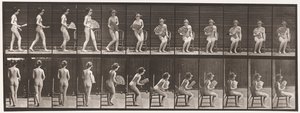 Plate 237. Setter seg ned på stol og åpningsvifte, 1872-1885 av Eadweard Muybridge