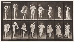 Tallerken 425. Toalett, kle på seg og snu, 1872-1885 av Eadweard Muybridge