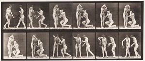 Tallerken 452. To modeller, 8 knær, drikker fra vannkrukke i hender, 1872-1885 av Eadweard Muybridge