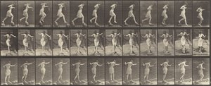 Plate nummer 175. Kryssende bekke på trappesteiner med fiskestang og dunk av Eadweard Muybridge