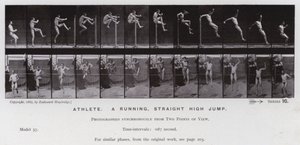 The Human Figure in Motion: Atlet, et løpende, rett høydehopp (s/hvitt-bilde) av Eadweard Muybridge