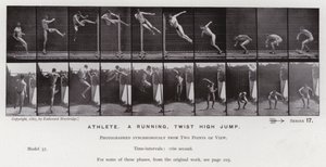 The Human Figure in Motion: Atlet, et løpende, vriende høydehopp (s/hvitt-bilde) av Eadweard Muybridge