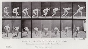 Den menneskelige figuren i bevegelse: idrettsutøver, løper og plukker opp en ball (s/hvitt-bilde) av Eadweard Muybridge