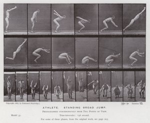 Den menneskelige figuren i bevegelse: idrettsutøver, stående bredhopp (s/hvitt-bilde) av Eadweard Muybridge