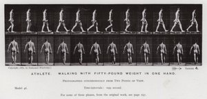 Den menneskelige figuren i bevegelse: idrettsutøver som går med en vekt på femti pund i en hånd (s/hvitt-bilde) av Eadweard Muybridge