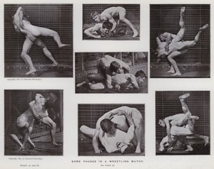 The Human Figure in Motion: Noen faser i en brytekamp (s/hvitt-bilde) av Eadweard Muybridge