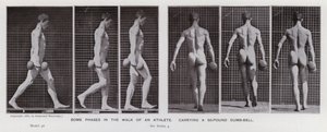Den menneskelige figuren i bevegelse: Noen faser i turen til en idrettsutøver, som bærer en 50-kilos dumb-bell (s/hvitt-bilde) av Eadweard Muybridge