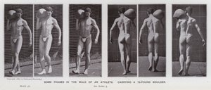 Den menneskelige figuren i bevegelse: Noen faser i turen til en idrettsutøver, som bærer en 75-punds steinblokk (s/hvitt-bilde) av Eadweard Muybridge