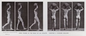 Den menneskelige figuren i bevegelse: Noen faser i turen til en idrettsutøver, som bærer en 75-punds steinblokk (s/hvitt-bilde) av Eadweard Muybridge