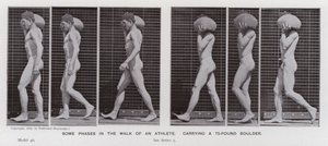 Den menneskelige figuren i bevegelse: Noen faser i turen til en idrettsutøver, som bærer en 75-punds steinblokk (s/hvitt-bilde) av Eadweard Muybridge