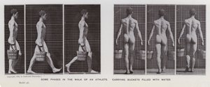 Den menneskelige figuren i bevegelse: Noen faser av en idrettsutøver som bærer bøtter fylt med vann (s/hv-bilde) av Eadweard Muybridge