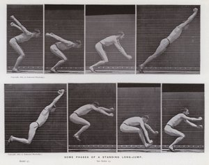 Den menneskelige figuren i bevegelse: Noen faser av et stående lengdehopp (s/hvitt-bilde) av Eadweard Muybridge