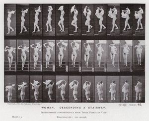 Den menneskelige figuren i bevegelse: Kvinne, går ned en trapp (s/hvitt-bilde) av Eadweard Muybridge