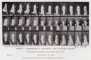 Den menneskelige figuren i bevegelse: Kvinne, går ned en trapp og snur seg (s/hvitt-bilde) av Eadweard Muybridge