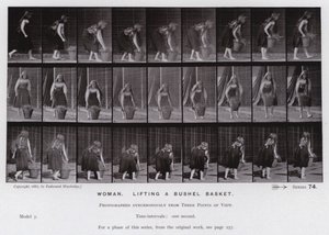 Den menneskelige figuren i bevegelse: Kvinne, løfter en skjeppekurv (s/hvitt-bilde) av Eadweard Muybridge