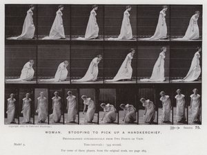 Den menneskelige figuren i bevegelse: Kvinne som bøyer seg for å plukke opp et lommetørkle (s/hvitt-bilde) av Eadweard Muybridge