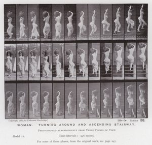Den menneskelige figuren i bevegelse: Kvinne, snur seg og går opp i trappen (s/hvitt-bilde) av Eadweard Muybridge