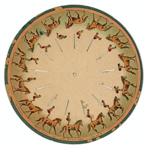 zoopraxiscope plate som viser en akrobat som utfører en salto med hesteryggen, 1893 av Eadweard Muybridge