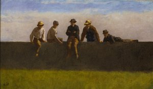 Five Boys on a Wall, ca. 1875-1880 (olje på komposisjonstavle) av Eastman Johnson