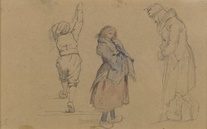Tre nederlandske figurer, ca. 1852 (grafitt, wc og hvitt kritt på brunt papir) av Eastman Johnson