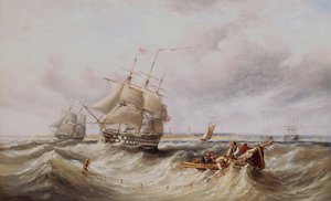 En todekker som forlater havnen med andre krigsskip forankret i veikanten (olje) av Ebenezer Colls